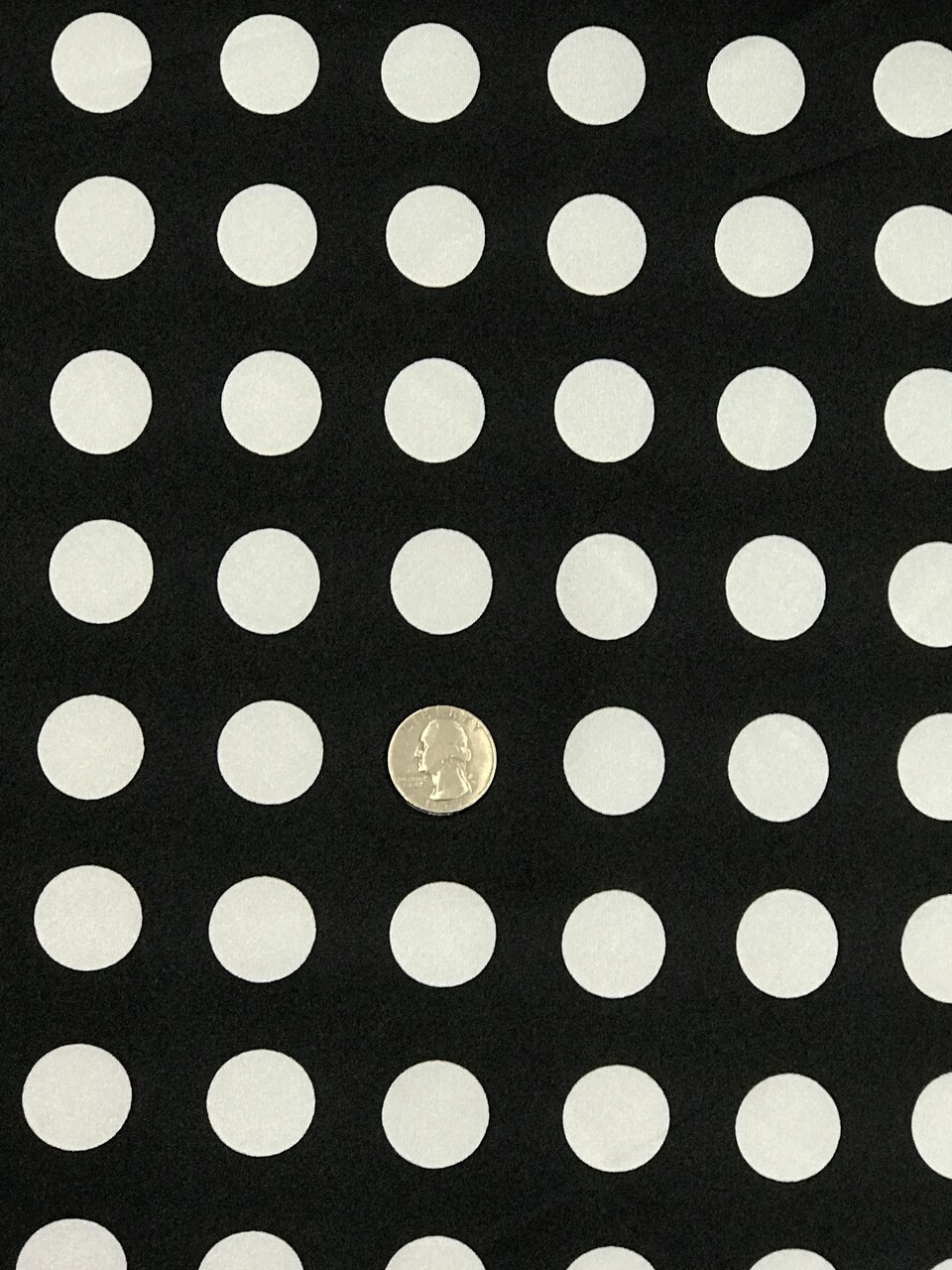 1 Yard White Polka Dot Satin Fabric Black Background Lightweight Shiny Polyester Quarter Size Dots 59/60 Inches Width